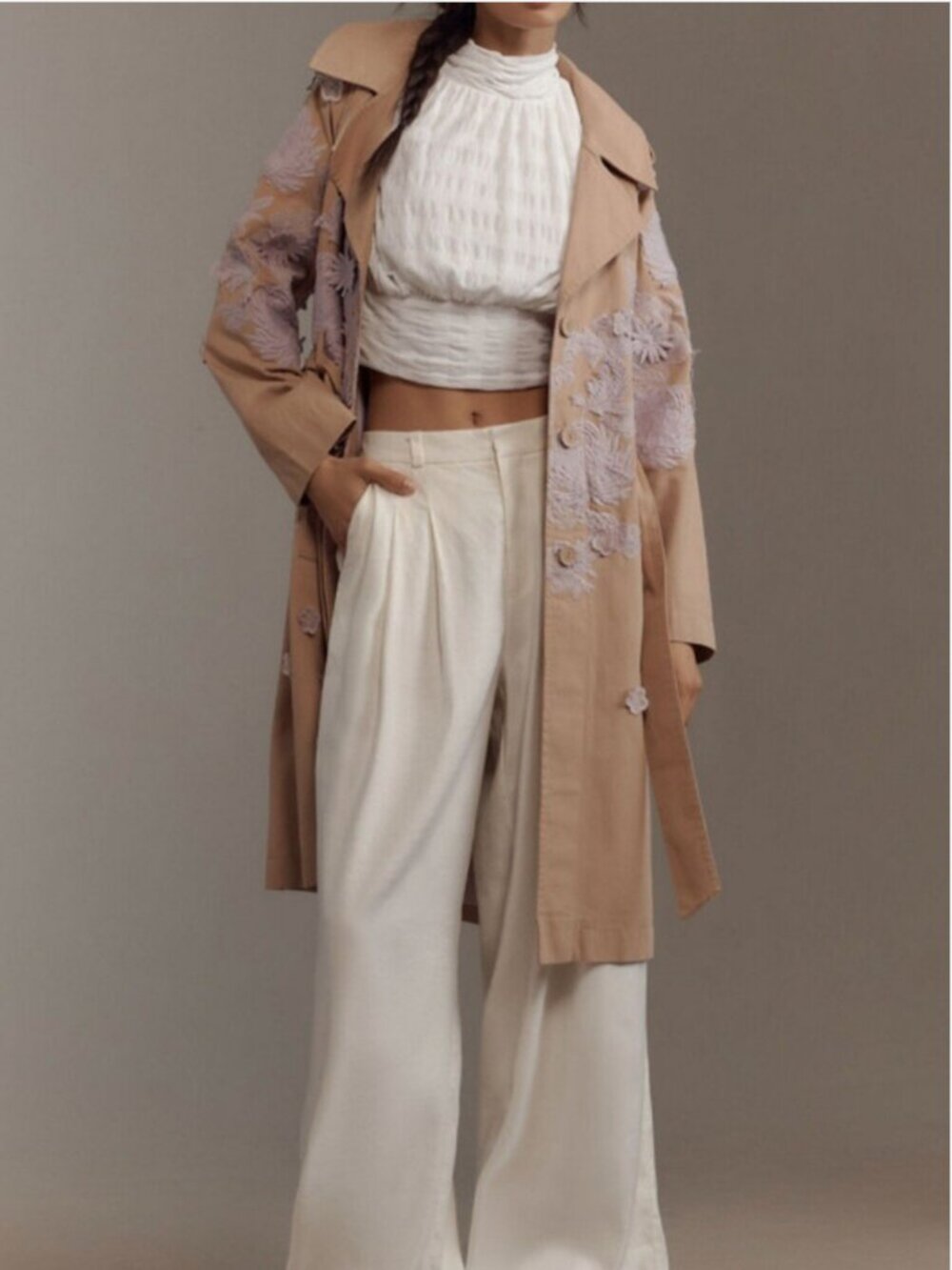 Anthropologie Cotton Embroidered Floral Belted Side Pockets Trench Coat size S - Picture 2 of 10